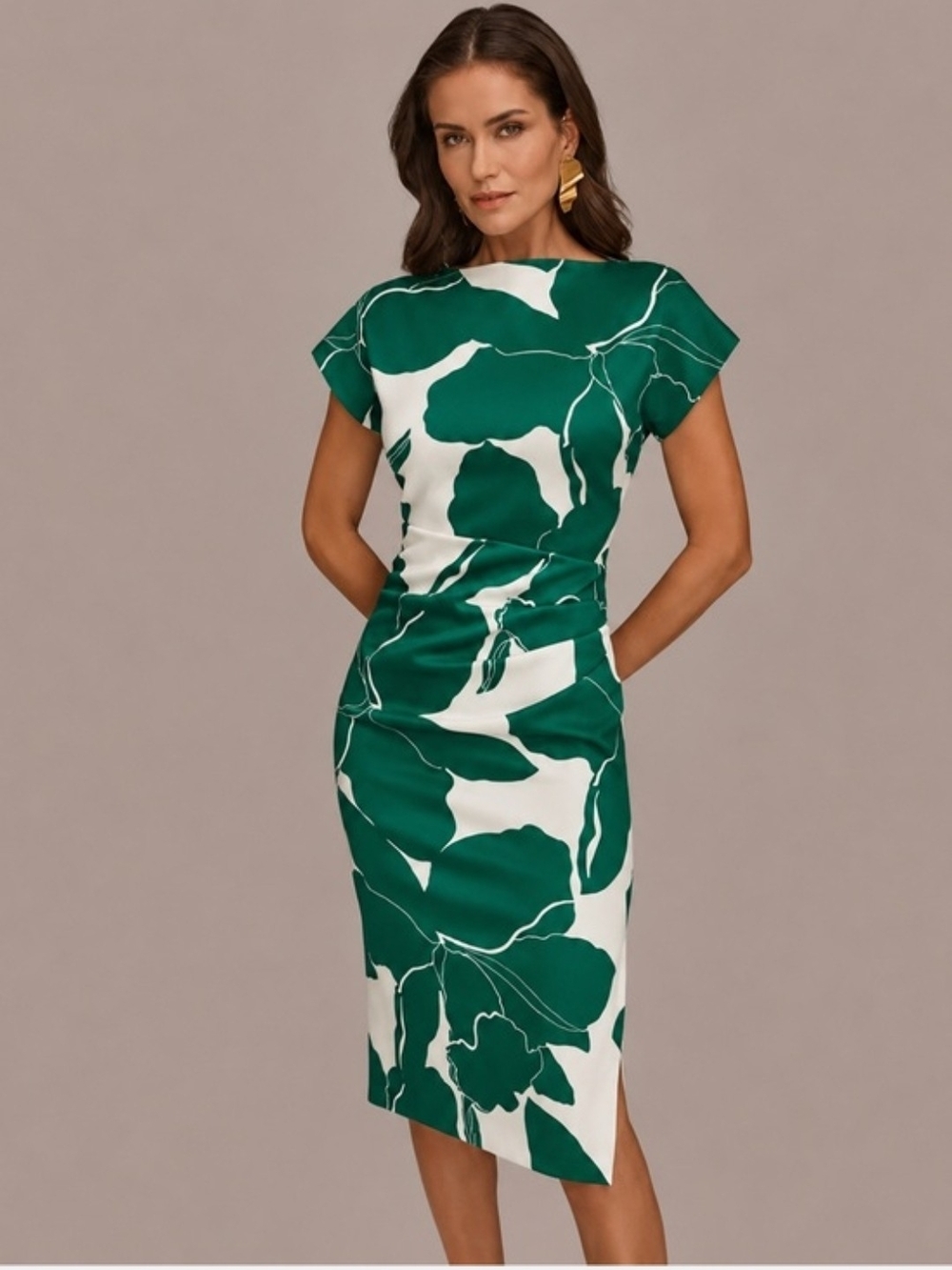 Donna Karan Green & White Botanical Sheath Midi Dress - Picture 1 of 5